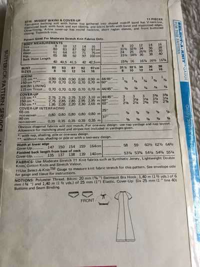 PATTERN BUTTERICK 3716 - BIKINI AND COVER UP (SIZE 16)