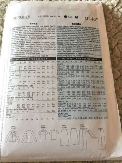 PATTERN BUTTERICK B4467 - JACKET, TOP, SKIRT, PANTS AND SASH (SIZE 8-14)