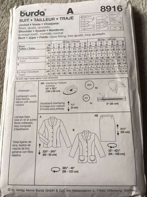 PATTERN BURDA 8916 (UNUSED) - JACKET AND SKIRT (SIZE 8-20)