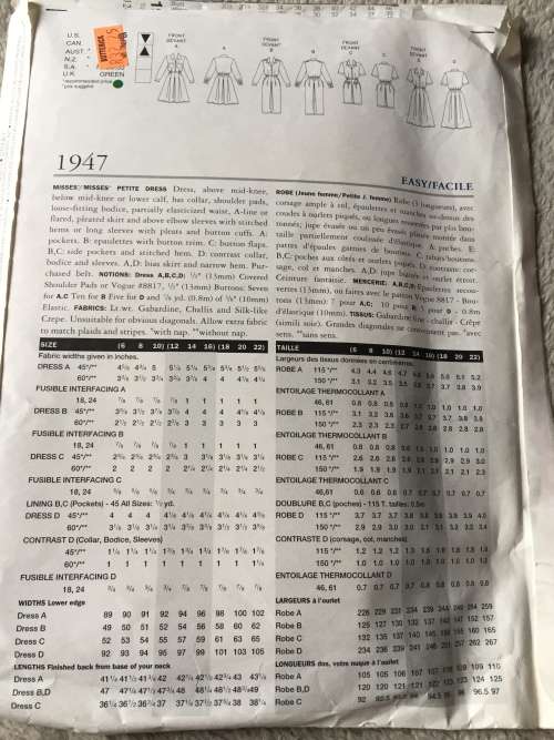 PATTERN VOGUE 1947 - DRESS (SIZE 12-14-16)