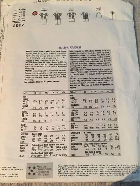 PATTERN VOGUE 2692 (ALBERT NIPON)(UNUSED) - DRESS (SIZE 12-14-16)