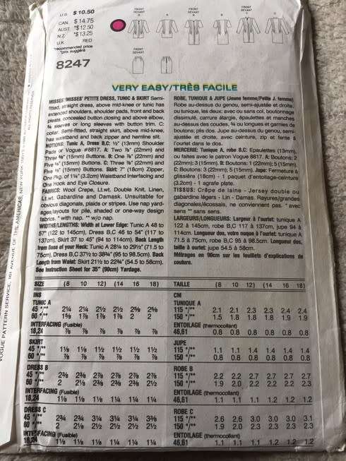 PATTERN VOGUE 8247 - (DRESS/TUNIC/SKIRT (SIZE 8-10-12)