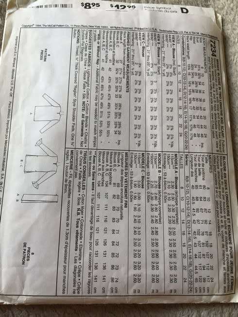 PATTERN MCCALL`S 7234 (UNUSED) - BLOUSE and SCARF (SIZE 10-12-14)