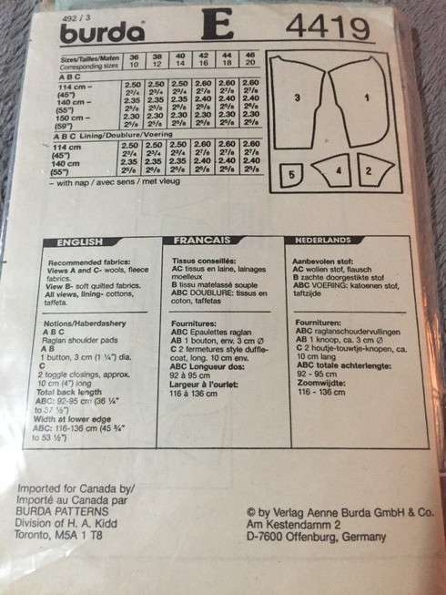 PATTERN BURDA 4419 - WINTER JACKET (SIZE 10-20)