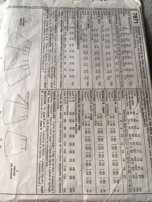 PATTERN MCCALL'S 7671 (COMPLETE) - SKIRT (SIZE 12-14-16)