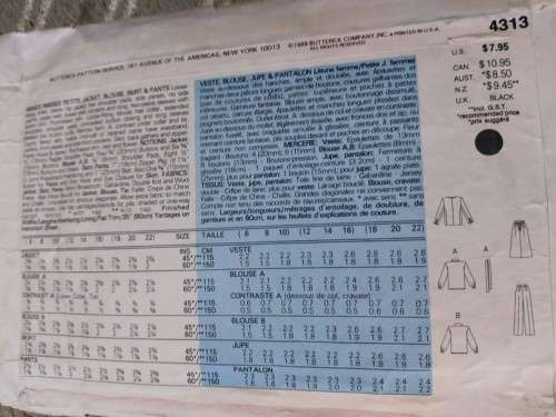 PATTERN BUTTERICK 4313 - JACKET, BLOUSE, SKIRT AND PANTS (SIZE 12-14-16)