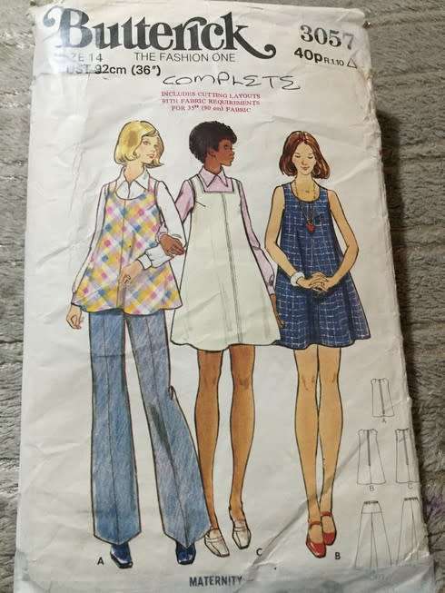 PATTERN BUTTERICK 3057 (VINTAGE)(COMPLETE) - MATERNITY DRESS, JUMPER, TUNIC AND PANTS (SIZE 14)