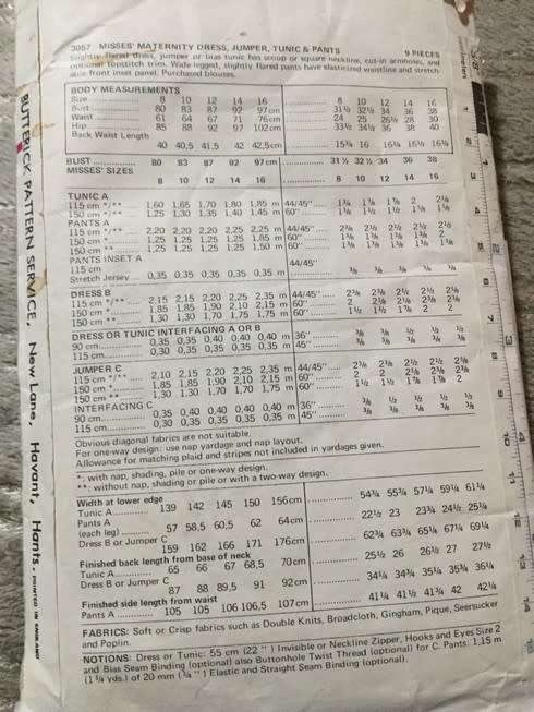 PATTERN BUTTERICK 3057 (VINTAGE)(COMPLETE) - MATERNITY DRESS, JUMPER, TUNIC AND PANTS (SIZE 14)