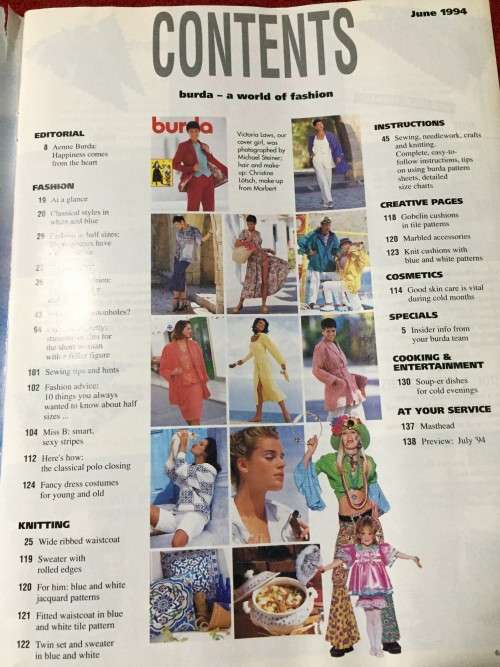 PATTERNS - BURDA MAGAZINE (A WORLD OF FASHION) JUNE 1994 (IN 5 SIZES)(UNUSED)