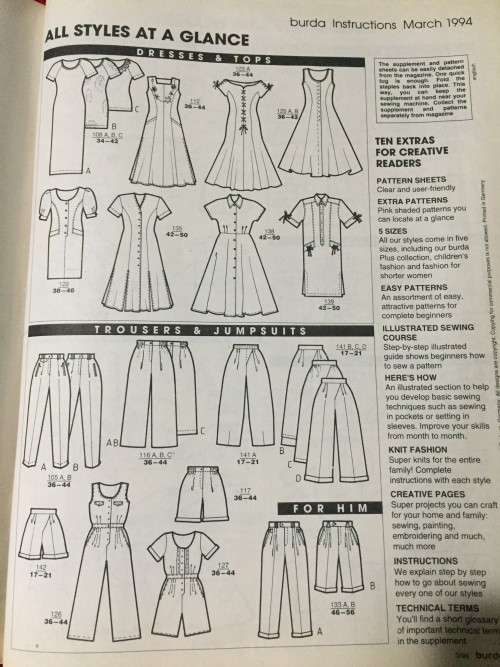 PATTERNS - BURDA MAGAZINE (A WORLD OF FASHION) MARCH 1994 (IN 5 SIZES)(UNUSED)