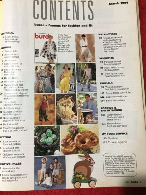 PATTERNS - BURDA MAGAZINE (A WORLD OF FASHION) MARCH 1994 (IN 5 SIZES)(UNUSED)