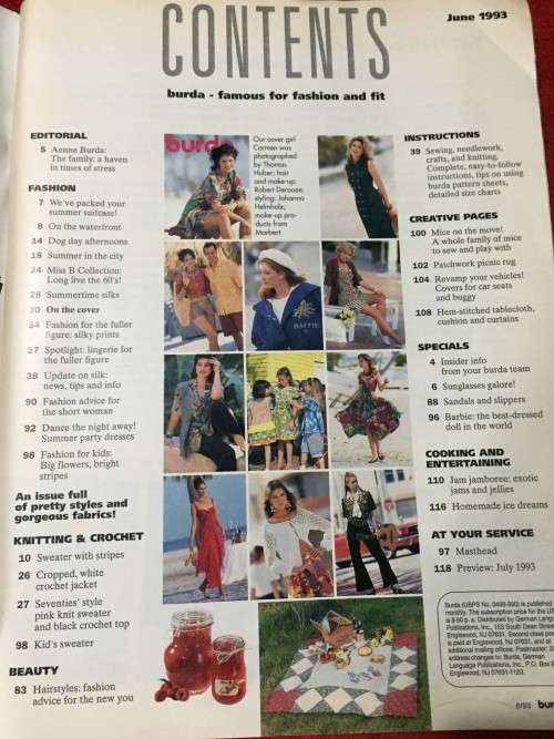 BURDA (A WORLD OF FASHION) JUNE 1993 - WITH UNUSED PATTTERNS, BARBIE PIC PATTERNS AS WELL