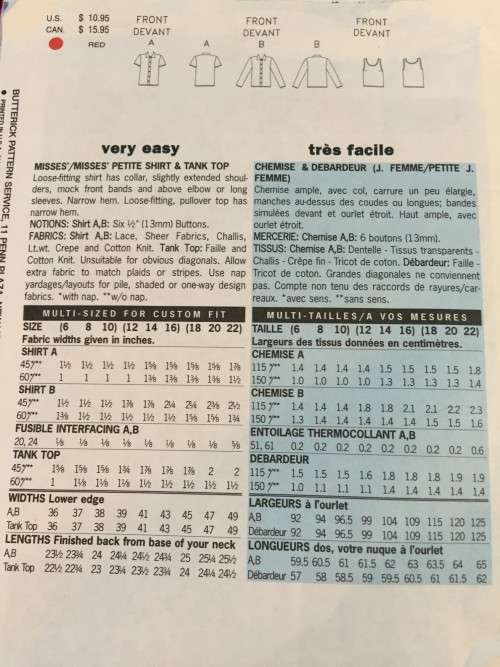 PATTERN BUTTERICK 5373 - SHIRT AND TANK TOP (SIZE 12-14-16)