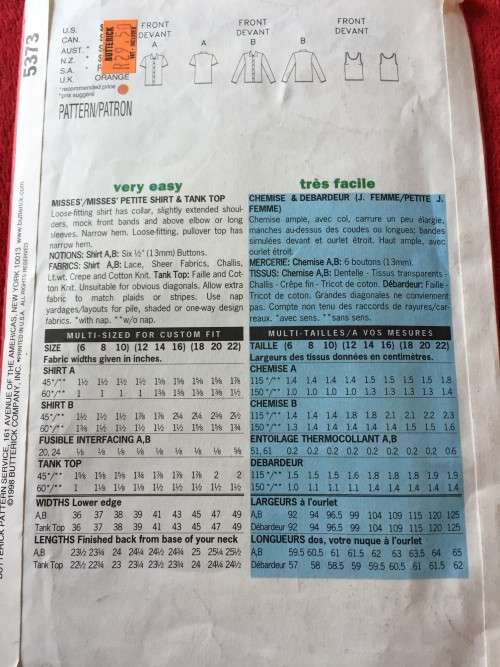 PATTERN BUTTERICK 5373 (UNUSED) - SHIRT & TANK TOP (SIZE 6-8-10)