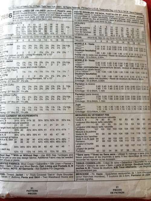 PATTERN MCCALL'S 7886 - JACKET, PANTS & SKIRT (SIZE 10-12-14)