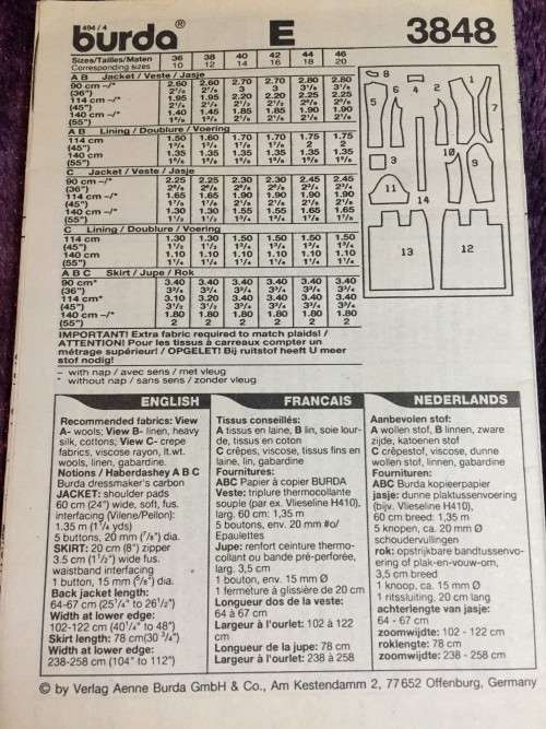 PATTERN BURDA 3848 (CLEAN) - JACKET and SKIRT (SIZE 10-20)