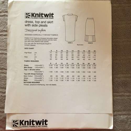 PATTERN KNITWIT 610 (UNUSED) - DRESS, TOP & SKIRT WITH SIDE PLEATS (SIZE 6-22)