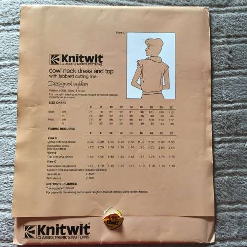 PATTERN KNITWIT 1000 (UNUSED) - COWL NECK DRESS and TOP (SIZE 6-22)