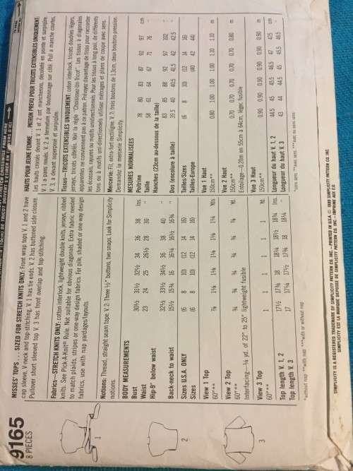 PATTERN SIMPLICITY 9165 (COMPLETE) - TOPS (SIZE 12-14-16)