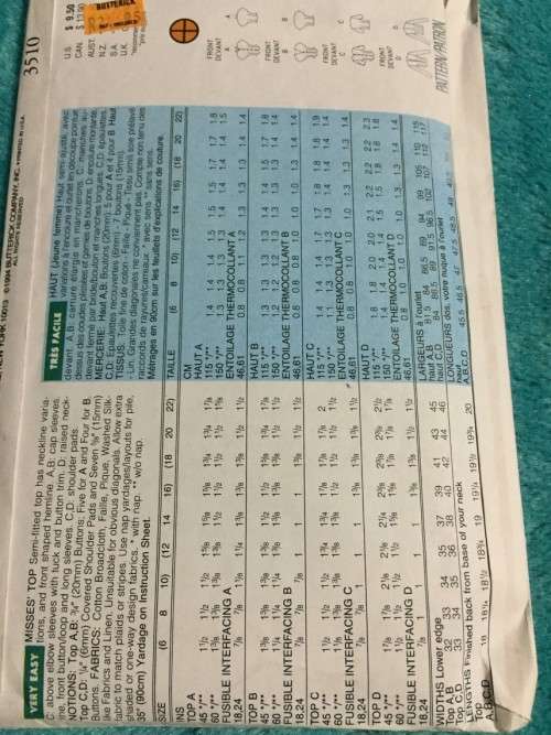 PATTERN BUTTERICK 3510 - TOP (SIZE 12-14-16)