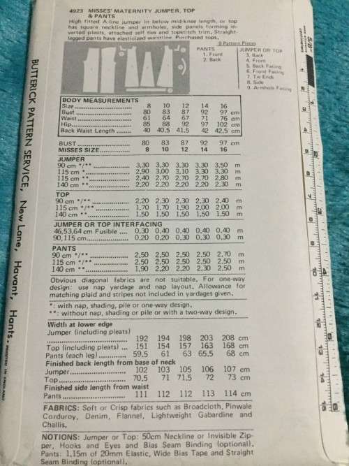 PATTERN BUTTERICK 4923 (VINTAGE)(UNUSED) - MATERNITY JUMPER, TOP and PANTS (SIZE 10)