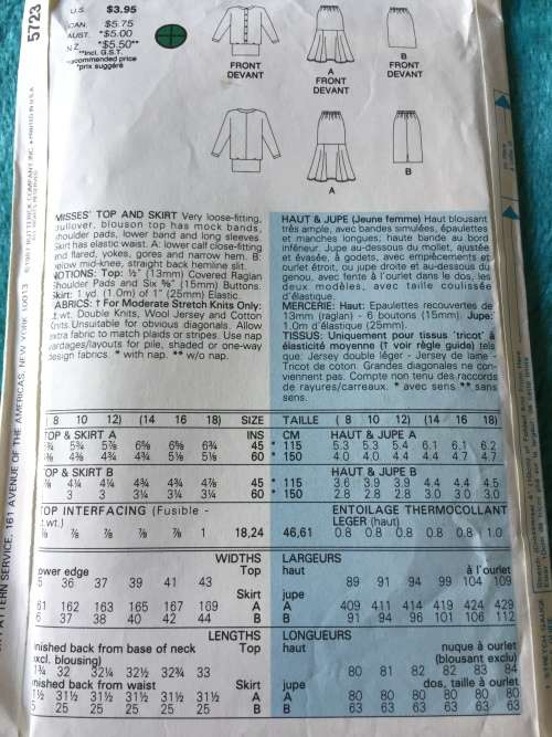 PATTERN BUTTERICK 5723 (UNUSED) - TOP and SKIRT (SIZE 8-10-12)