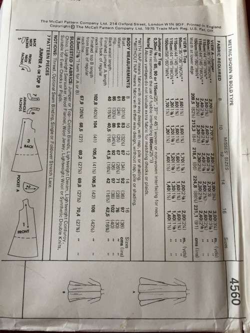PATTERN MCCALL`S 4560*1975 (VINTAGE)(UNUSED) - JUMPER OR TOP (SIZE 12)
