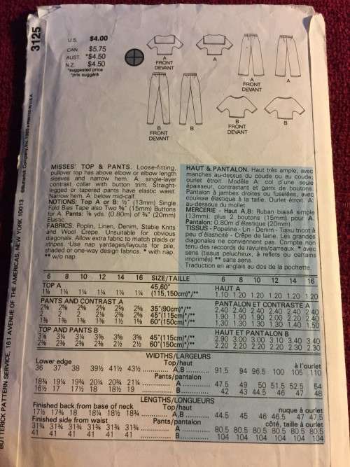 PATTERN BUTTERICK 3125 (COMPLETE) - TOP and PANTS (SIZE 6-8-10)