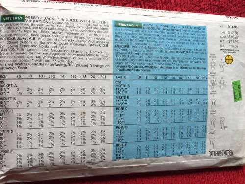 PATTERN BUTTERICK 6214 (COMPLETE) - JACKET and DRESS (SIZE 6-8-10)