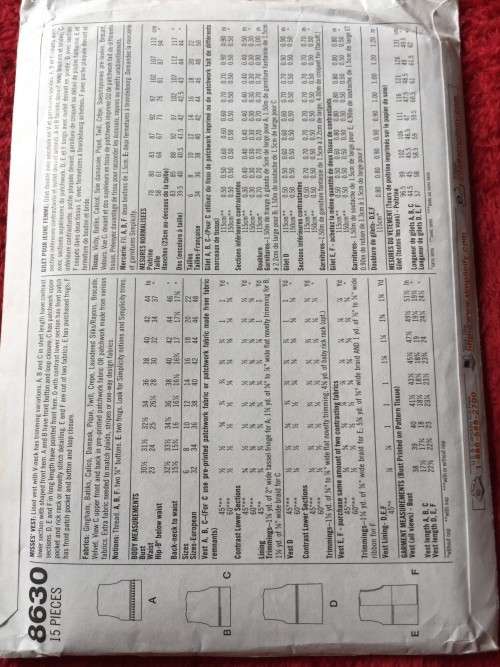 CD - SIMPLICITY 8630 (UNUSED) - VESTS (SIZE 6-8-10)