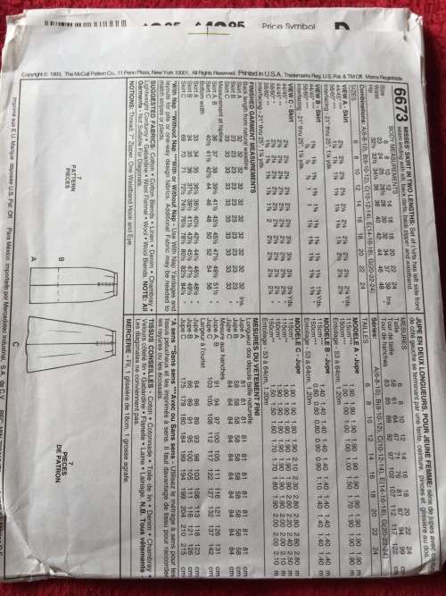 PATTERN MCCALL`S 6673 - BEAUTIFUL SKIRT VARIATIONS (SIZE 10-12-14)