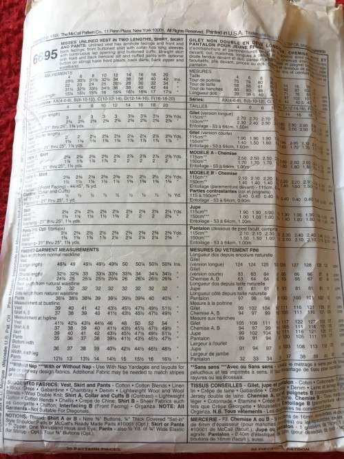 PATTERN MCCALL`S 6695 - VEST, SHIRT, SKIRT and PANTS (SIZE 16-18-20)