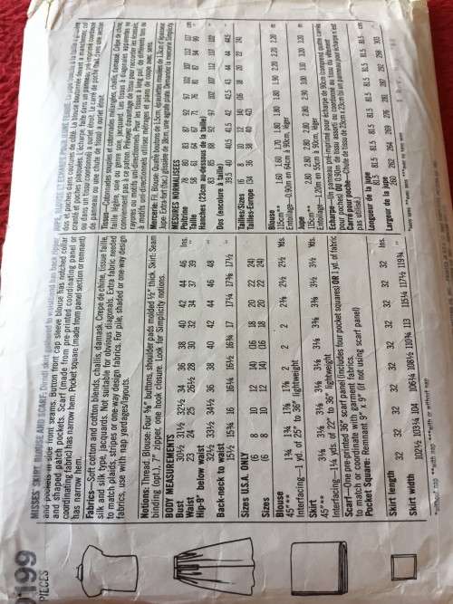 PATTERN SIMPLICITY 9199 - SKIRT, BLOUSE and SCARF (SIZE 16-24) BIG SIZE