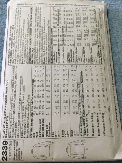 PATTERN SIMPLICITY 2339 (CLEAN) - SHIRTS (SIZE 6-14)