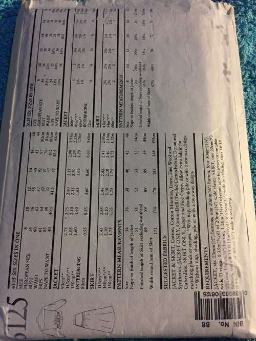 PATTERN NEW LOOK 6125 (UNUSED) - JACKET and SKIRT (SIZE 8-18)