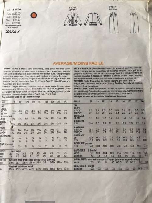 PATTERN VOGUE 2627 (POMODORO) - JACKET and PANTS (SIZE 8-10-12)