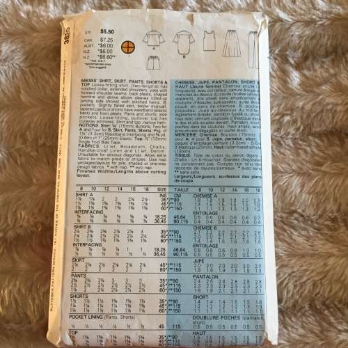 PATTERN BUTTERICK 3820 - SHIRT, SKIRT, PANTS, SHORTS and TOP (SIZE 10)