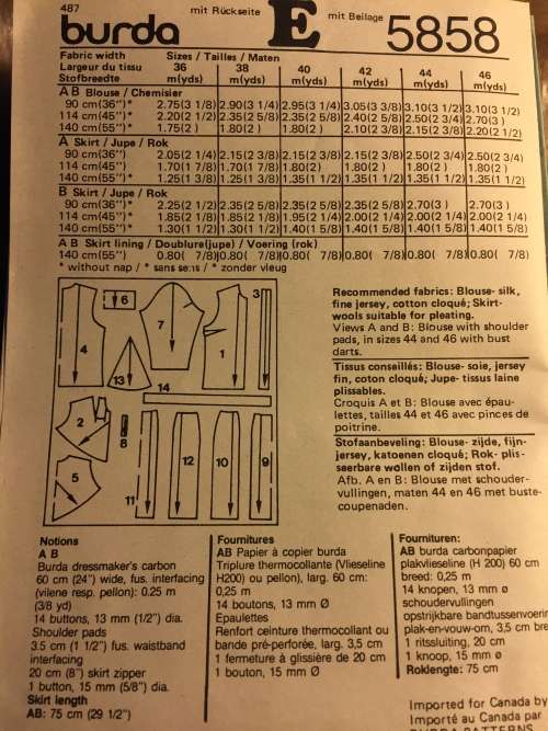 PATTERNS BURDA 5858 - SKIRT AND BLOUSE (SIZE 10-20)