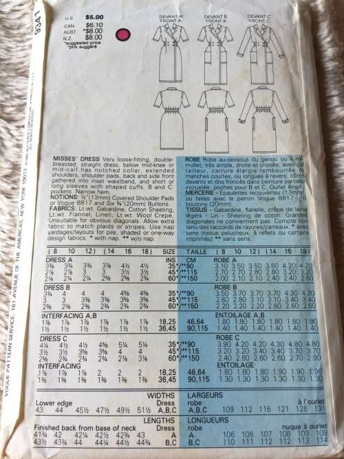 PATTERNS VOGUE 9341 (UNUSED) - BEAUTIFUL DRESS (SIZE 8-10-12)