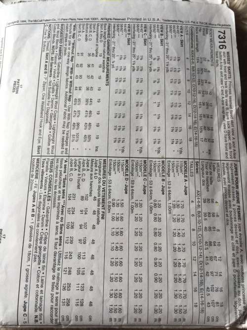 PATTERN MCCALL`S 7316 (COMPLETE) - 2 HOURS SKIRT (SIZE 8-10-12)