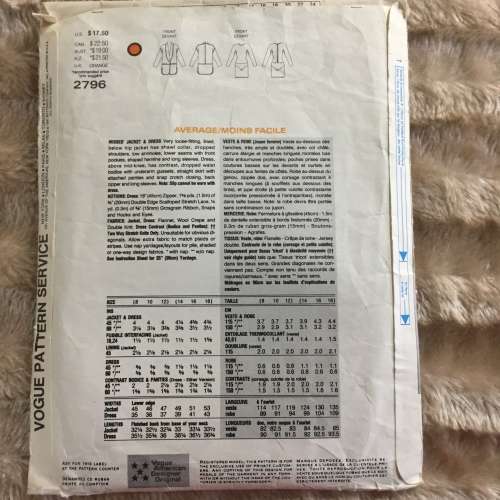 PATTERN VOGUE 2796 (DONNA KARAN)(COMPLETE) - JACKET and DRESS (SIZE 8-10-12)