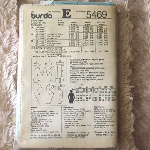 PATTERN BURDA 5469 - MEN`S JACKET (SIZE 34-44)