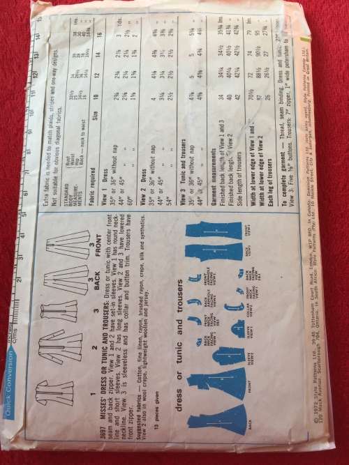 PATTERN STYLE 3697*1972 (VINTAGE)(COMPLETE) - DRESS, TUNIC, TROUSERS (SIZE 12)
