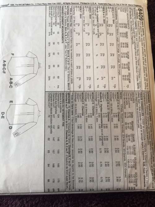 PATTERN MCCALL`S 8409 (COMPLETE, CUT ON L) - MEN`S SHIRTS (SIZE S-M-L)