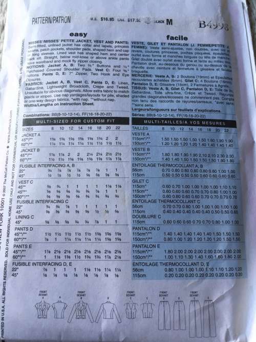 PATTERN BUTTERICK 4998 (LIFESTYLE WARDROBE) - JACKET,VEST,PANTS (SIZE 8-14)