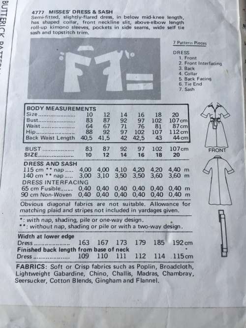 PATTERN BUTTERICK 4777 (VINTAGE) - DRESS and SASH (SIZE 14)