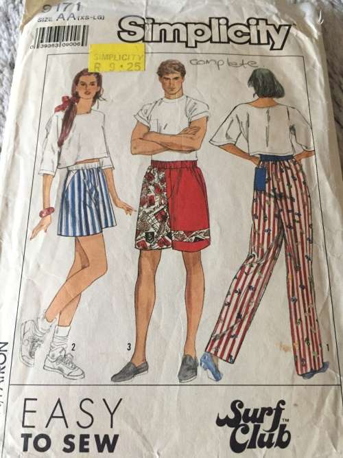 PATTERN SIMPLICITY 9171 (COMPLETE) - UNISEX MEN AND WOMEN`S SHORTS and PANTS (SIZE XS-XL)
