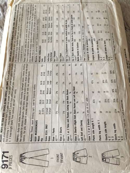 PATTERN SIMPLICITY 9171 (COMPLETE) - UNISEX MEN AND WOMEN`S SHORTS and PANTS (SIZE XS-XL)