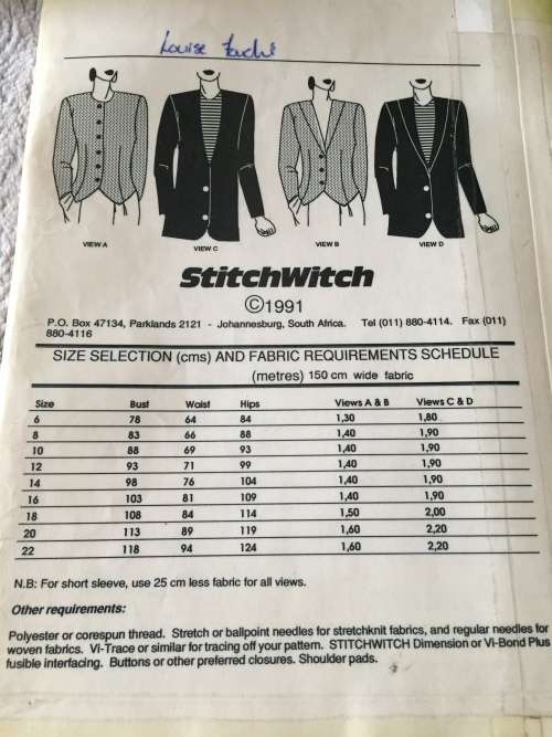 PATTERN STITCHWITCH M703 (UNUSED) - JACKETS (SIZE 6-22)
