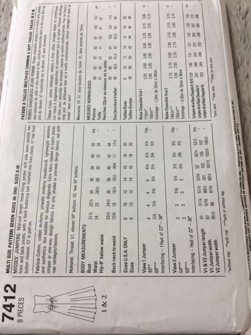PATTERN SIMPLICITY 7412 (COMPLETE, CUT ON 12) - JUMPERS (SIZE 8-10-12)